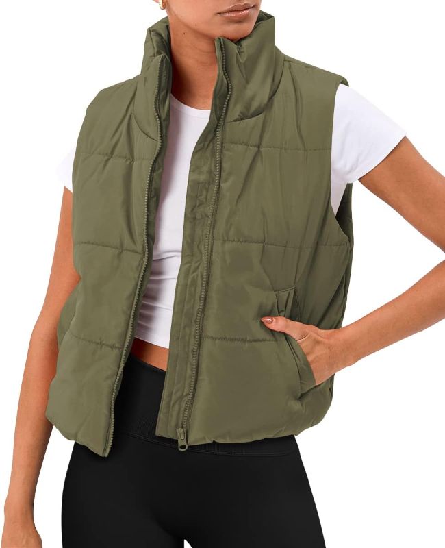 Photo 1 of   size small  AUTOMET Puffer Vest Women Sleeveless Winter Cropped Outerwear Warm Puffer Lightweight Stand-up Collar Down with Pockets