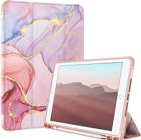 Photo 1 of PIXIU Compatible with iPad 9.7 inch Case with Pencil Holder,ipad 6th /5th Generation Cases,Full Body Protective Folio Leather Smart case Cover with Wake/Sleep Feature (Purple Marble)