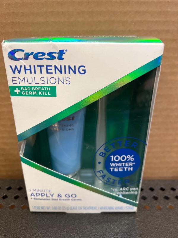 Photo 2 of Crest Whitening Emulsions + Bad Breath Germ Kill Leave-On Teeth Whitening Gel Kit with Wand Applicator and Stand, Apply & Go, 0.88oz   EXP 09-30-2023