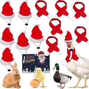 Photo 1 of 12 Pieces Chicken Christmas Hats Scarf Red Santa Hat Cloak and Scarf Pet Costumes with Adjustable Chin Strap for Hens Duck Rabbit Kitten Christmas Supplies