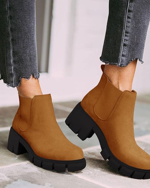 Photo 1 of    size 3   Trish Lucia Womens Platform Ankle Boots Lug Sole Chunky Chelsea Boots Non-Slip Block Heels Slip on Combat Fashion