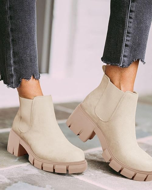 Photo 1 of   size 2   Trish Lucia Womens Platform Ankle Boots Lug Sole Chunky Chelsea Boots Non-Slip Block Heels Slip on Combat Fashion