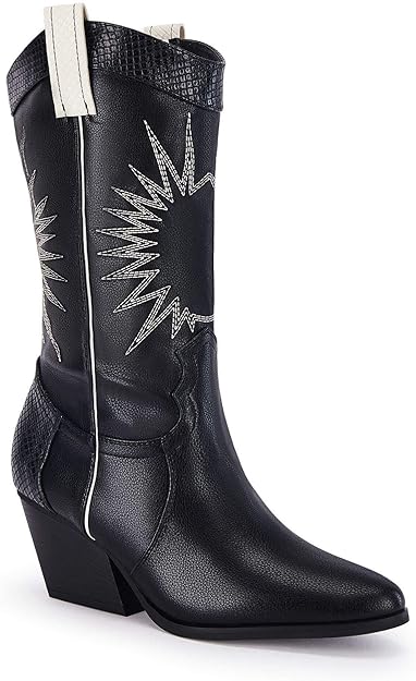 Photo 2 of   sizwe 7   Coutgo Womens Western Cowboy Knee High Boots Wide Calf Chunky Stack Heel Pointed Toe Cowgirl Embroidered Mid-Calf Boots