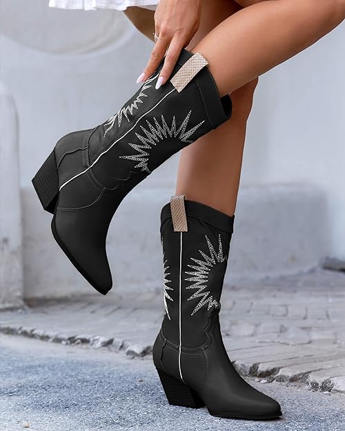 Photo 1 of   sizwe 7   Coutgo Womens Western Cowboy Knee High Boots Wide Calf Chunky Stack Heel Pointed Toe Cowgirl Embroidered Mid-Calf Boots