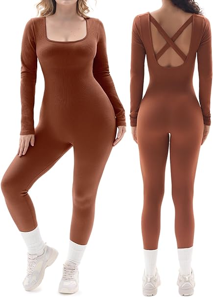 Photo 1 of   med     FITTIN Women Long Sleeve Jumpsuits: Ribbed Square Neck Bodycon One Piece Jumpsuit for Casul Yoga Workout