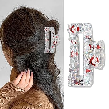 Photo 1 of 4  Pcs Large Hair Claw Clips for Long Thick Hair Cute Hair Clips with Glitter Star Design Square Hairpin Nonslip Jaw Clips Happy New Year Hair Accessories for Women Girls Back of Head Hair Clip