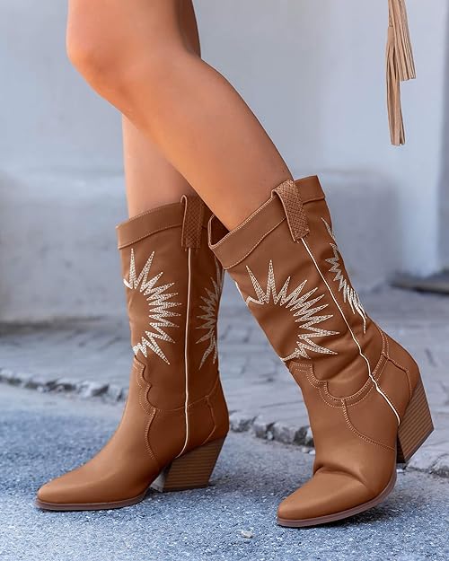 Photo 1 of    size 8   Coutgo Womens Western Cowboy Knee High Boots Wide Calf Chunky Stack Heel Pointed Toe Cowgirl Embroidered Mid-Calf Boots