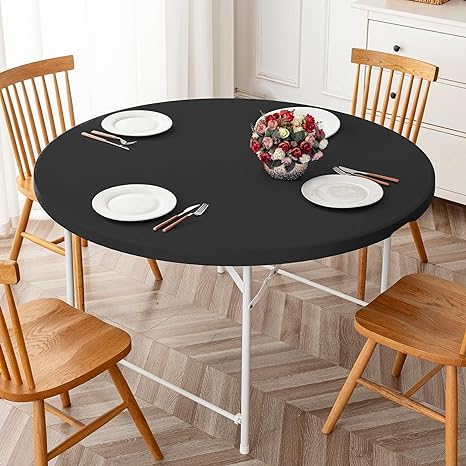 Photo 1 of  Black Fitted Table Cover for Round Tables, 6 Pack Reversible Stretch Tablecloth, Waterproof Stain Resistant Table Cover for Outdoor/Indoor Use, Fits Round Tables up to 40" - 44" Diameter