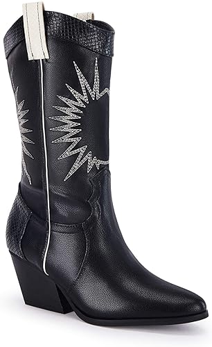 Photo 1 of   size 7.5   Coutgo Womens Western Cowboy Knee High Boots Wide Calf Chunky Stack Heel Pointed Toe Cowgirl Embroidered Mid-Calf Boots