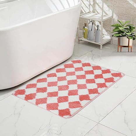 Photo 1 of  Bathroom Rug Cute Checkered Bath Mats for Bathroom Non Slip Soft Water Aabsorbent Washable Shower Mat Aesthetic Rugs for Tub Sink Bathroom Decor Indoor Doormat Rosy Pink, 19.5" X 31.5"