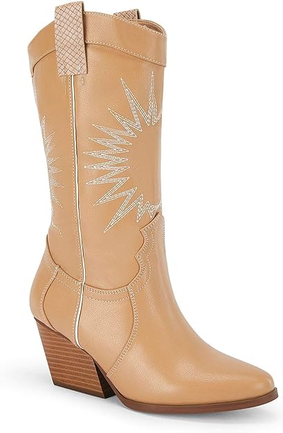 Photo 2 of    SIZE 7.5 Coutgo Womens Western Cowboy Knee High Boots Wide Calf Chunky Stack Heel Pointed Toe Cowgirl Embroidered Mid-Calf Boots