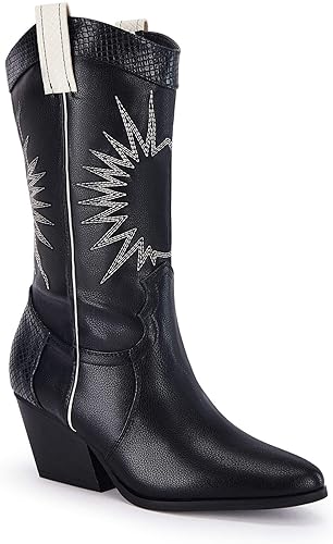 Photo 1 of size    7.5     Coutgo Womens Western Cowboy Knee High Boots Wide Calf Chunky Stack Heel Pointed Toe Cowgirl Embroidered Mid-Calf Boots