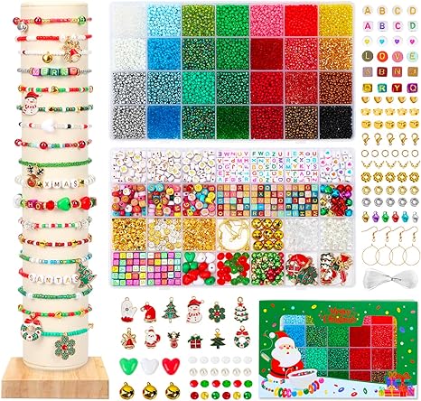 Photo 1 of QUEFE 9200pcs+ 3mm Christmas Glass Seed Beads for Jewelry Making, 28 Colors Small Glass Beads for Bracelets, Friendship Bracelet Kit with Alphabet Letter Beads & Bells for DIY, Art and Craft