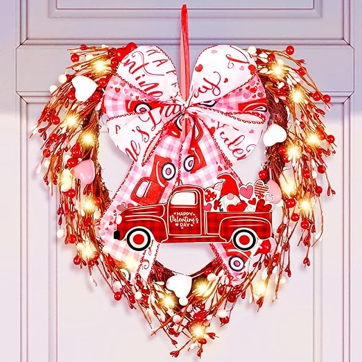 Photo 1 of Yunlly Lighted Valentines Wreath for Front Door 15 Inch Grapevine Heart Wreaths with LED Light Pink Heart Shaped Berry Door Wreath for Valentine's Day Indoor Outdoor Wedding Festival Wall Decor