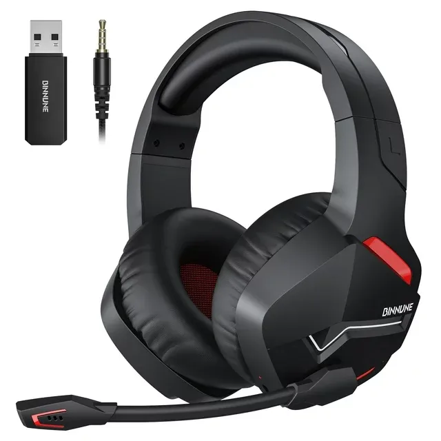 Photo 1 of BINNUNE Dual Wireless PC Gaming Headset with Microphone for Desktop PS5 PS4 – 2.4G Bluetooth over Ear Gamer Headphone for Video Game Laptop PlayStation Nintendo Switch iPad, Black with Red
