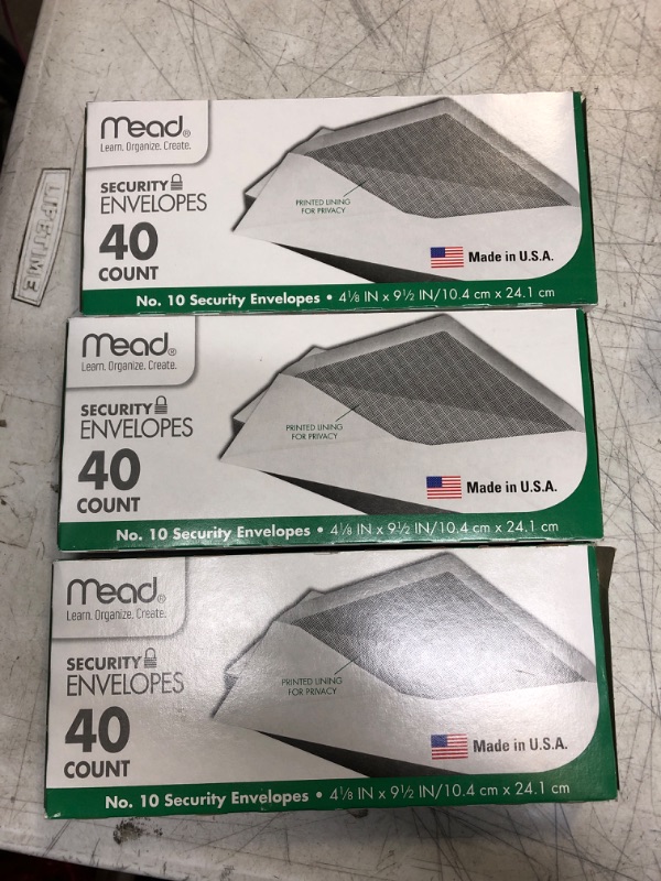 Photo 2 of ( PACK OF 3 ) Mead #10 Envelopes, Security Printed Lining for Privacy, Gummed Closure, All-Purpose 20-Ib Paper, 4-1/8" x 9-1/2", White, 40 Letter Size Envelopes per Box (75214) White 40/Box