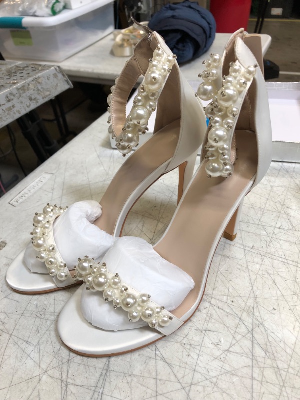 Photo 2 of yowmns White Women's Heeled Sandals Pearl Decoration Open Toe Stiletto Heels Wedding Sexy Back Zipper Cover Pumps Evening Party Shoes Handmade Elegant High Heels Summer 8.5 White