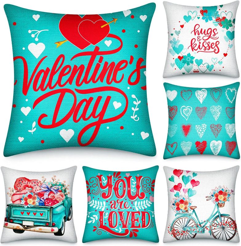 Photo 1 of 6 Pcs Valentines Day Pillow Covers 18 x 18 Inch Turquoise Valentine's Day Pillowcase for Sofa Couch Love Heart Truck Rose Bicycle Valentines Day Decorations for Home Decor Anniversary Wedding Gift
