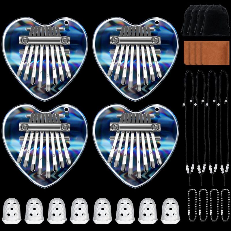 Photo 1 of 24 PCS 8 Keys Mini Kalimba Piano Set, Include 4 Mini Exquisite Finger Thumb Piano 4 Lanyard 4 Chains 8 Finger Protector 4 Cleaning Cloth for Kids Adults Beginners Gift (Rainbow Heart Style)
