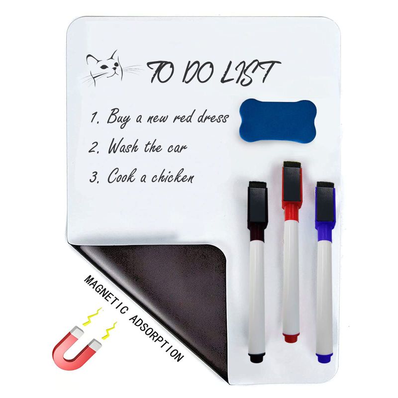 Photo 1 of Magnetic Dry Erase Whiteboard Sheet for Kitchen Fridge, Refrigerator Whiteboard with Stain Resistant Technology, Includes 3 Markers and Big Eraser with Magnets, Whiteboard Organizer, 17"x11"