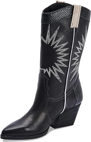 Photo 1 of MUCCCUTE Women's Cowboy Embroidered Western Cowgirl Mid Calf Boots, Pointed Toe Medium Chunky Heel 5cm Stitching Pull-on Boots 7