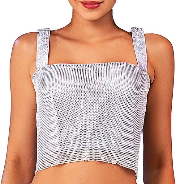 Photo 1 of Yokawe Sexy Crop Tops Y2K Sparkly Rhinestone Tank Top Spaghetti Strap Tube Top Rave Party Night Out Clubwear for Women

