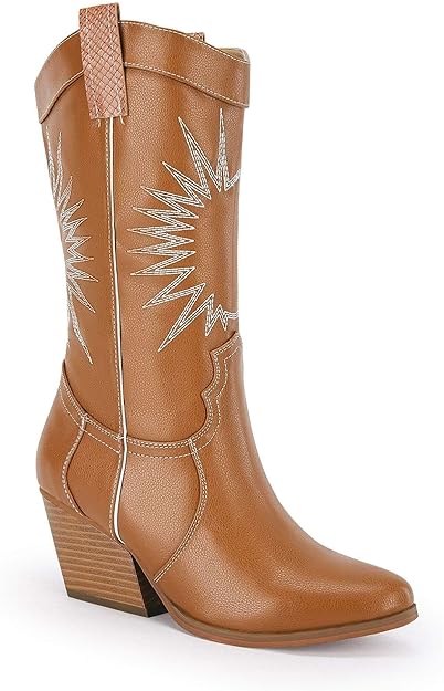 Photo 1 of Coutgo Womens Western Cowboy Knee High Boots Wide Calf Chunky Stack Heel Pointed Toe Cowgirl Embroidered Mid-Calf Boots 8.5