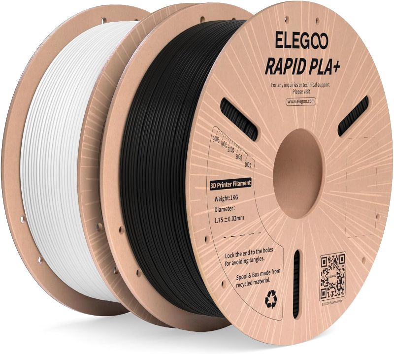 Photo 1 of ELEGOO Rapid PLA Plus Filament 1.75mm Black & White 2KG, PLA+ 3D Printer Filament for 30-600 mm/s High Speed Printing, Dimensional Accuracy +/- 0.02 mm, 2 Pack 1kg Spool(2.2lbs)
