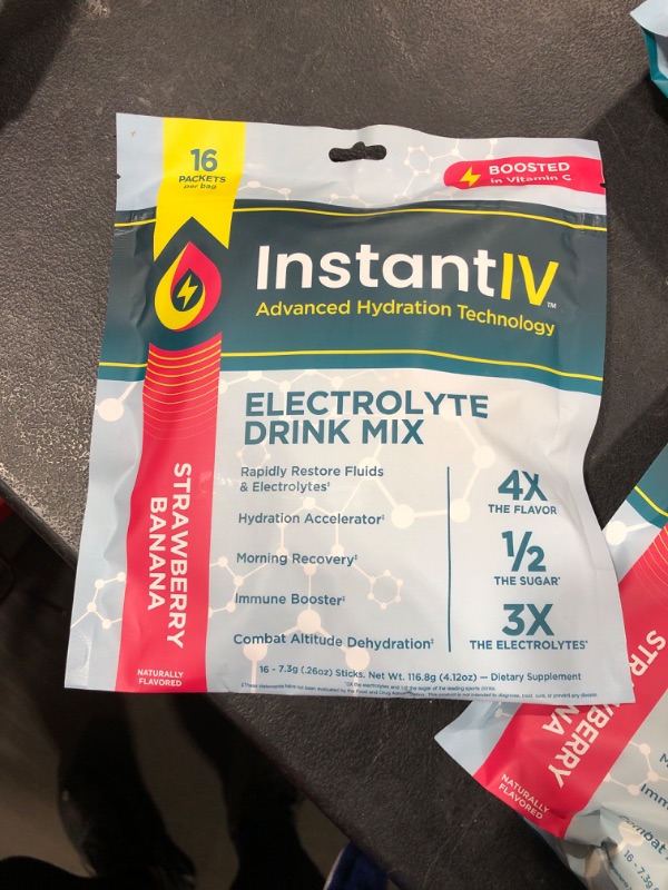 Photo 1 of Instant IV Electrolytes Powder Drink Mix - Advanced Hydration Technology - Vegan & Gluten Free - Quick IV Hydration Packets with a Boost of Nutrients - Strawberry Banana - 16 Pack Bulk