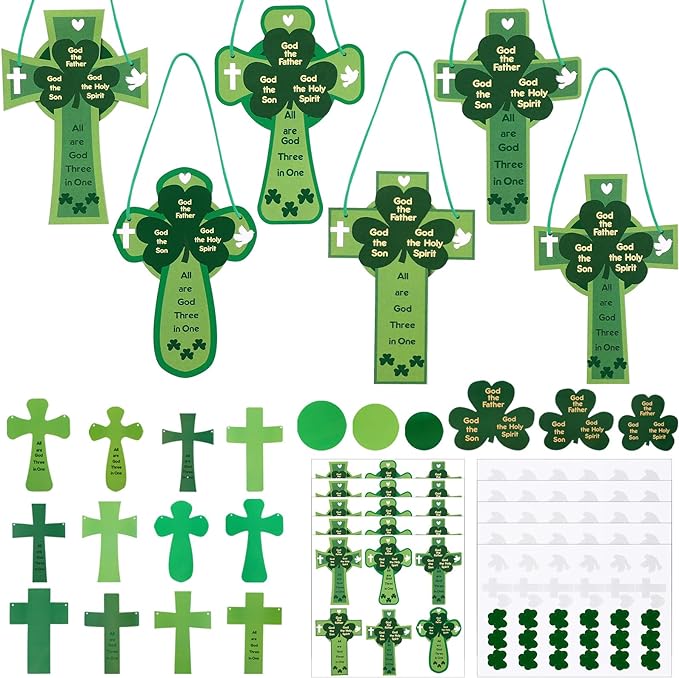 Photo 1 of 30 Set St. Patrick's Day Crafts DIY Shamrock Cross Craft Holy Trinity Shamrock Cross Sign Craft Kit for Kids St Patrick's Day Classroom Religious Activity Luck Gift Art Project Party Favors

