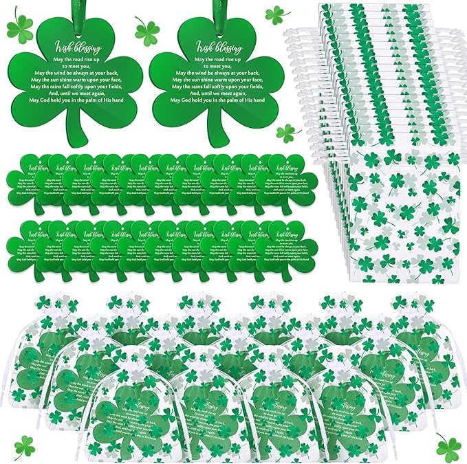 Photo 1 of July Christmas Shamrocks Hanging Ornaments Blessing Lawn Decorations Acrylic Clover with Bronzing Green Shamrock Drawstring Gift Bag for Summer Christmas Holiday Party Tree Table Decor(48 Set)
