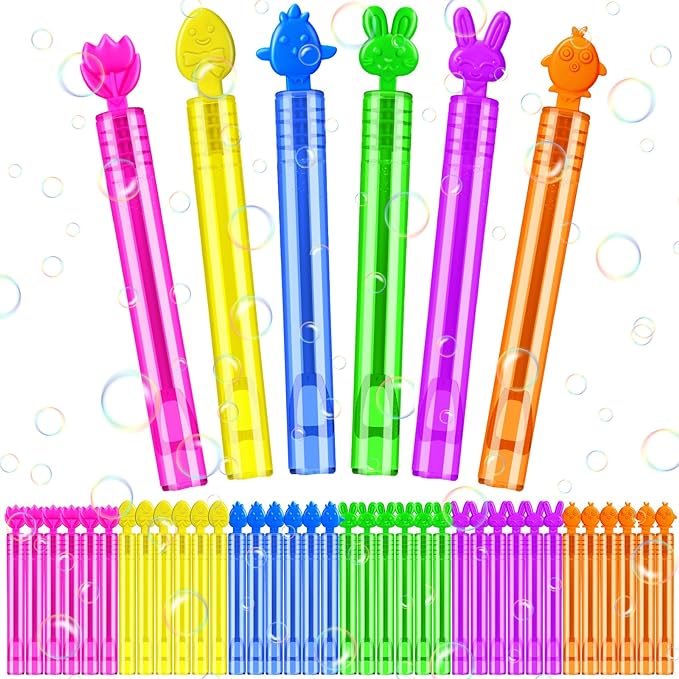 Photo 1 of 36 Pieces Easter Mini Bubble Wands Easter Bunny Bubble Wands Assortment 6 Colors 6 Styles Easter Basket Stuffers Outdoor Easter Bubble Blower for Birthday Wedding Carnival Prize (Classic)
