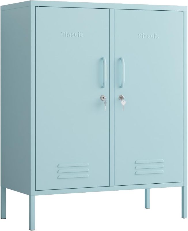 Photo 1 of 2 Door Metal Locker Accent Storage Cabinet TV Stand Large Space Multifunctional Storage Cabinet Detachable Adjustable Locker Blue 
