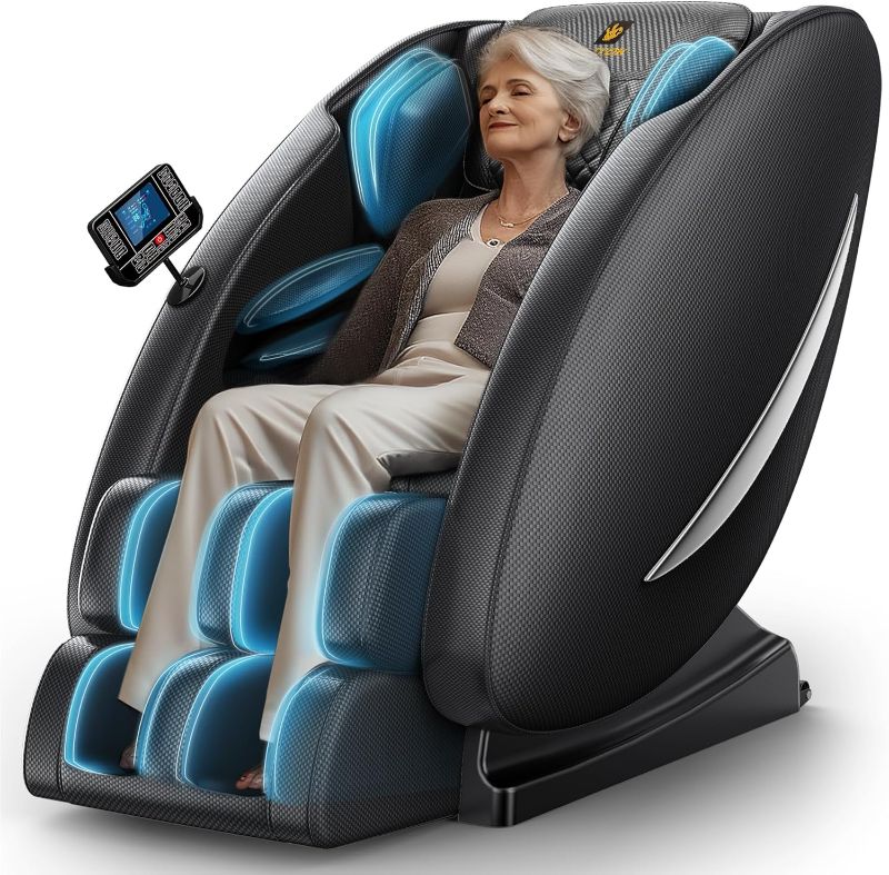 Photo 1 of Massage Chair Recliner with Zero Gravity, Full Body Massage Chair with Heating, Bluetooth Speaker, Airbags, Foot Roller, Touch Screen, Space-Saving for Office,Faux Leather (Black)
