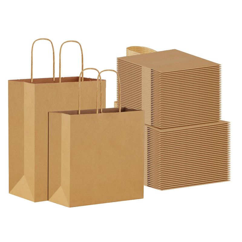 Photo 2 of Brown Paper Bags with Handles Bulk 100Pcs, 2 Assorted Sizes Plain Kraft Gift Bags for Birthday Party Favors Grocery Retail Shopping Business Goody Craft