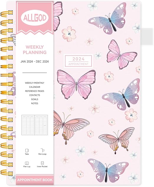 Photo 1 of 2024 Appointment Book 15 Minute Interval Hourly Planner from Jan 2024-Dec 2024 with Calendar,8.5 x 11 Weekly & Monthly Planner with Spiral Bound, Monthly Tabs, Pocket(Pink Butterfly, A4)