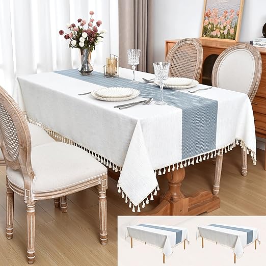 Photo 1 of 2 Pack Farmhouse Burlap Linen Tablecloth 55x86 Inch-Rustic Boho Table Cloths for 6 Foot Tables, Embroidery Stripe Water Repellent Fabric White and Blue Table Cloths for Dinning, Parties