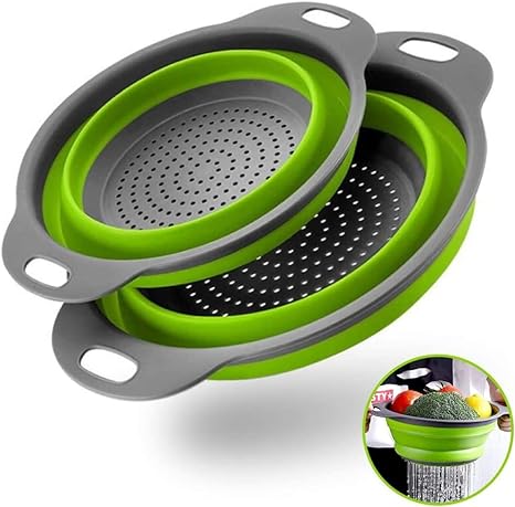 Photo 1 of  Collapsible Colander Set of 2 Round Silicone Kitchen Sink Strainer Set and Fruit Basket- 1 large 1 small Perfect for Draining Pasta, Vegetable and Fruit - Home Essentials (Green)