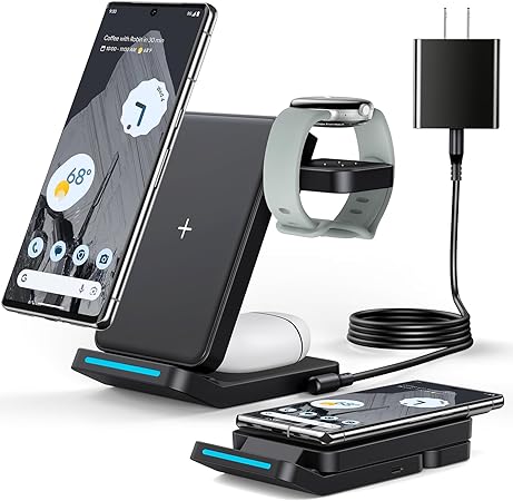 Photo 1 of 3 in 1 Foldable Wireless Charging Station Only for Google Pixel Watch 2/Fitbit Versa 4/3, Pixel Buds Pro and Google Fold/8 Pro/8/7 Pro/7a/7/6/Pro, Wireless Charger with QC 18W Adapter, Black