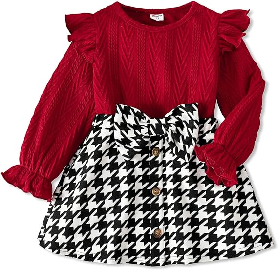 Photo 1 of  size 18/24 m PATPAT 2Pcs Toddler Girl Skirt Set Cute Outfit Ruffled Textured Tee and Bowknot Design Houndstooth Skirt Set Red