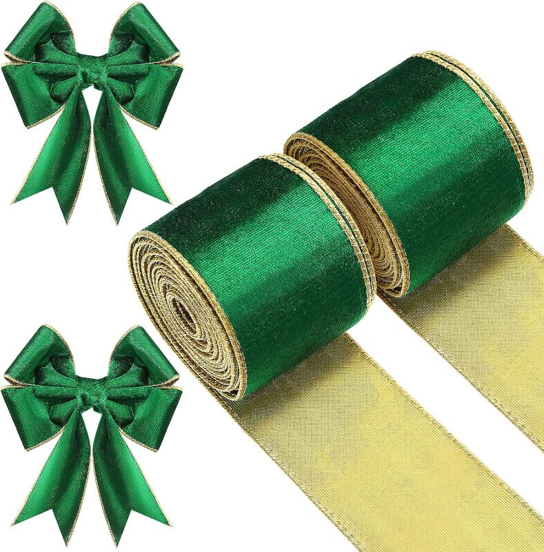 Photo 1 of 2 Rolls Christmas Velvet Ribbon Velvet Wired Edge Ribbon Trim Wrapping Ribbon Craft Fabric Ribbon for Xmas Bow Making, Floral Arrangement Decoration