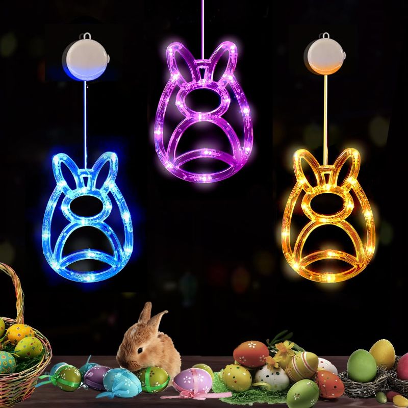 Photo 1 of [Timer] Easter Window Decorations, 3 Pack Easter Egg and Bunny Shaped Hanging Lights with Suction Cup,Battery Operated Lights for Easter Home Decor,2024 Upgrade Slow Fade Mode Timer Function
