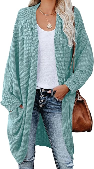 Photo 1 of ZoeAce Womens Open Front Knit Cardigan Long Batwing Sleeve Oversized Sweater Chunky Waffle Cable Boho Pockets Coat. Large
