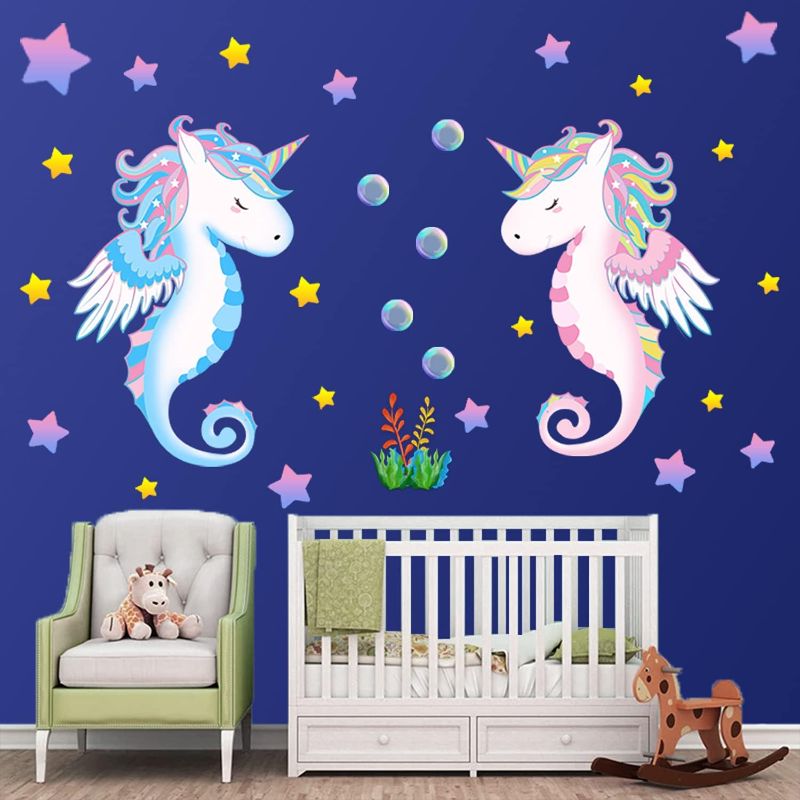 Photo 1 of 3 Sheets Unicorn Wall Decal Stickers Large Size Unicorn Mermaid Wall Decor for Girls Kids Bedroom Nursery Christmas Birthday Party Decoration Seahorse Unicorn Design
