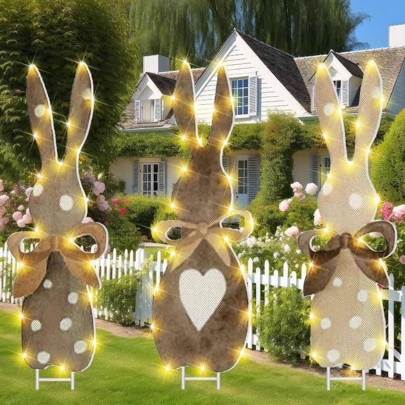 Photo 1 of 3 Pcs Easter Yard Sign Lawn Bunny Outdoor Decorations with H Stands and LED String Light for Easter Party Wedding Lawn Patio Garden Yard (33.8 Inches)
