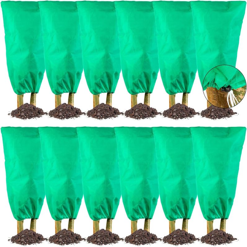 Photo 1 of 12 Pack Winter Drawstring Plant Covers 47 x 31.5 Inch Plant Covers Frost Protection Warm Plant Protection Cover Winter Freeze Plant Protection for Outdoor Garden Plants (Green)
