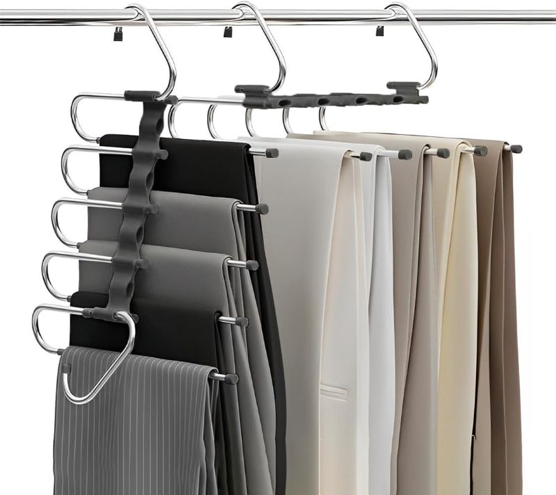 Photo 1 of 2-Pack Stainless Steel Pants Hangers, Space Saving 5-Tier Closet Organizer, Anti-Slip & Multi-Functional, Horizontal/Vertical Use for Jeans, Trousers, Skirts, Scarves - Black
