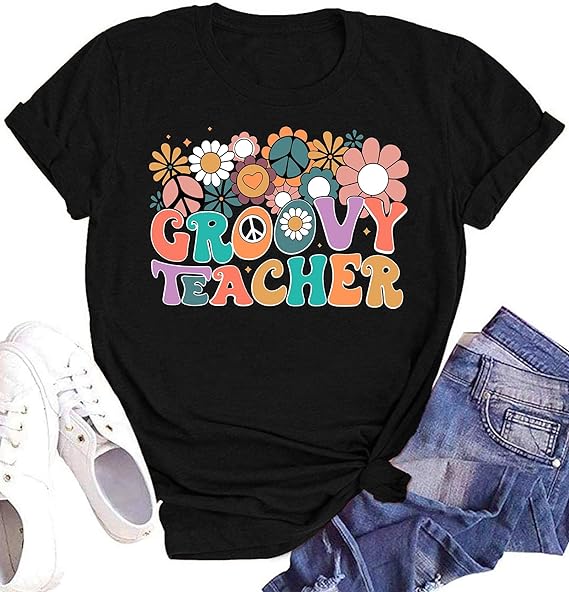 Photo 1 of Groovy Teacher Shirt for Women Retro Floral Short Sleeve Hippie 70s Boho Teacher Life Tee Top  size med 