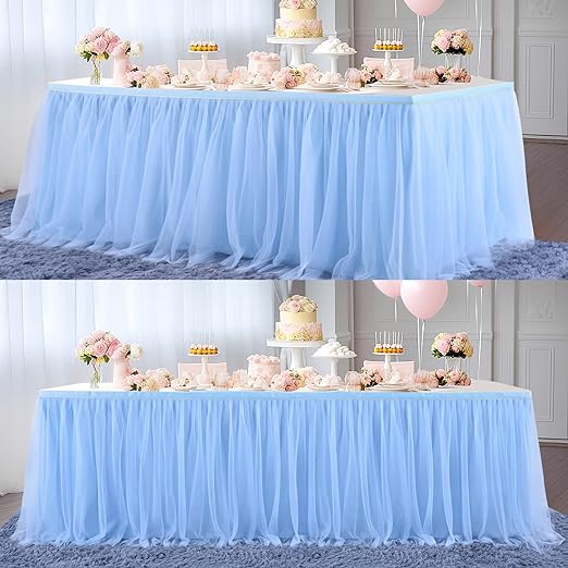 Photo 1 of 2 Pack 6ft Blue Tulle Table Skirts for Rectangle Tables or Round Tables Blue Tutu Tablecloth Cover for Baby Shower Boy Birthday Party Wedding Cake Dessert Table Decorations