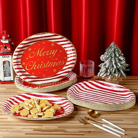 Photo 1 of  Red and Gold Christmas Oval Paper Plates 10" x 12" Disposable Paper Plates Candy Cane Striped Decorative Serving Tray Snowflake Dinner Plates for Winter Holiday Dinner Birthday Party